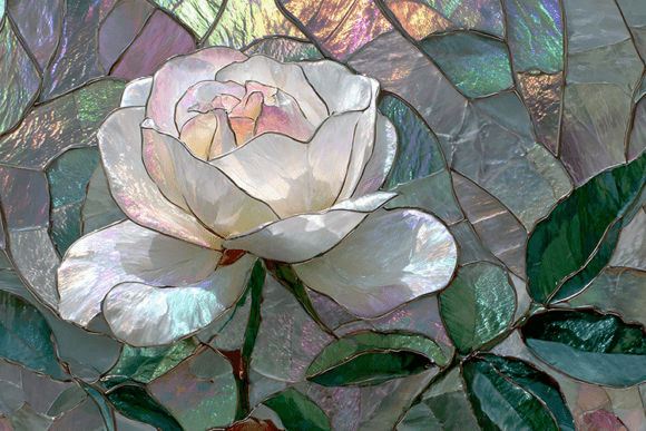 Iridescent White Rose Stained Glass: A Digital Masterpiece